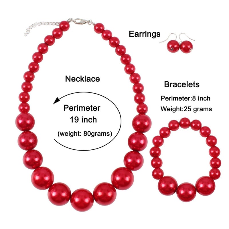 KOSMOS-LI Women's Large Big Simulated Red Pearl Statement 19" Necklace Bracelet and Earrings Jewelry Set Stocking Stuffers - Image 3
